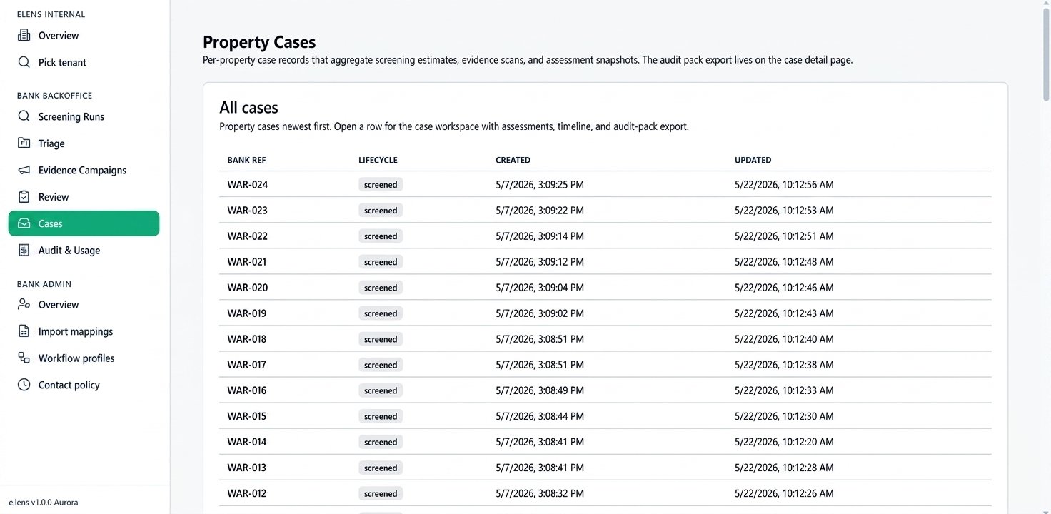Lista Property Cases — przescreenowane budynki z historią audytu